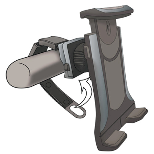 STEP 2 | Wrap strap around the handlebar and insert through slot on mount. Pull strap tightly to secure. Press and hold the two release buttons to release the strap.