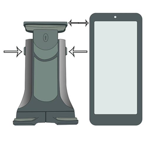 STEP 3 | Press and hold the two buttons and pull the extendable arm up to create room for the device to fit (make sure the height of the open clamps is shorter than the device).