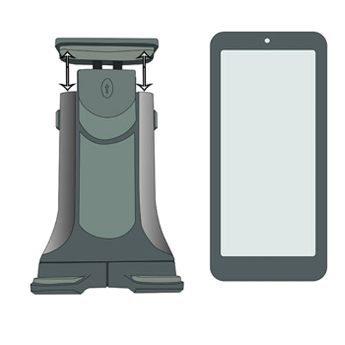 STEP 4 | For secure and snug-fit, pull the retractable top clamp upward while placing your device in the open clamps. Release the retractable top clamp with device inside. Make sure device is secure.