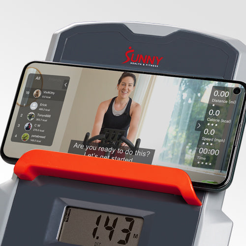 STAY CONNECTED WHILE YOU WORK OUT | Secure your phone or tablet in the centrally located device holder. Stay entertained during your workouts and stream your favorite TV show, or dial in your exercise session with a trainer-led workout in the SunnyFit® app.