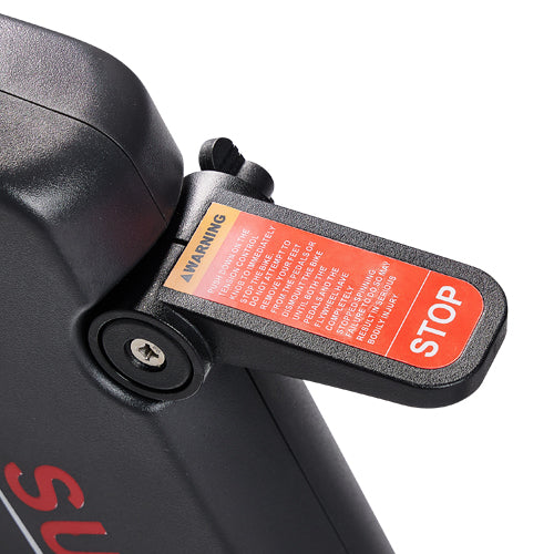 EMERGENCY BRAKE | You can bring the bike to an immediate stop by pushing down on the brake handle, directly below the handlebars. If you have children around, after pushing down on the brake, you can tighten the screw on the brake handle clockwise to ensure safety. The adjustable foot straps keep your feet secure while pedaling, so you don’t have to worry about slipping