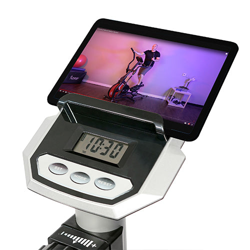 DEVICE HOLDER | Secure your mobile device onto the holder and follow along to your favorite Sunny Health & Fitness workout videos.