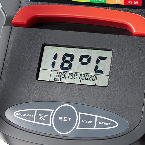 DIGITAL MONITOR | The large LCD console displays Body Fat, Calendar, Calories, Clock, Distance, Pulse, Recovery, RPM, Speed, Temperature, Time, and Scan.
