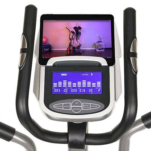 DEVICE HOLDER | Place your tablet, phone, or other mobile device to stay connected. Follow along online with our Sunny Health & Fitness trainers for certified fitness tips, advice, and lessons.