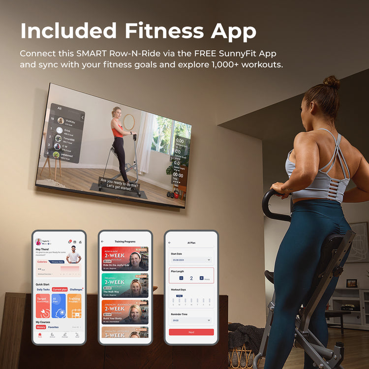 Included Fitness App | Connect this SMART Row-N-Ride via the FREE SunnyFit App and sync with your fitness goals and explore 1,000+ workouts. (digital monitor: time, count, calories, pulse and total count)