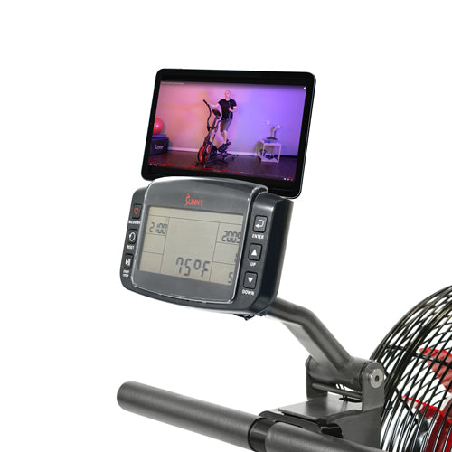 DEVICE HOLDER | Place your tablet, phone, or other mobile device to stay connected. Follow along online with our Sunny Health & Fitness trainers for certified fitness tips, advice, and lessons.