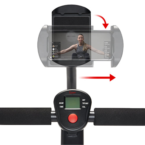 Integrated device holder | Secure holder above the console keeps your phone or tablet in place for entertainment during your workout.