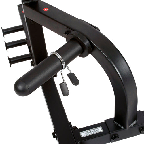 OLYMPIC PLATE STORAGE | With safety clips, organize weights on racks while adding extra stability when utilizing the machine. (Weights NOT included).