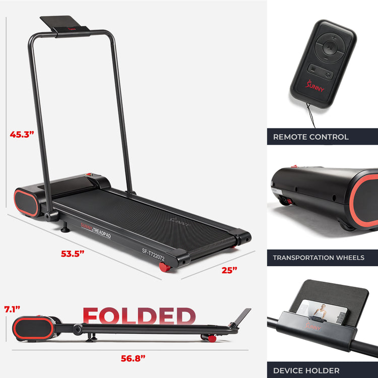 UNDER-THE-DESK DESIGN | Get your steps in at your desk while you work from home . This low profile, space-saving design allows you to store your treadmill out of the way, and easily underneath furniture, when not in use. Note: the treadmill is still operable when the handrail is folded down.