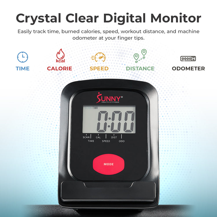 digital monitor from manual curve treadmill with text "Crystal Clear Digital Monitor"