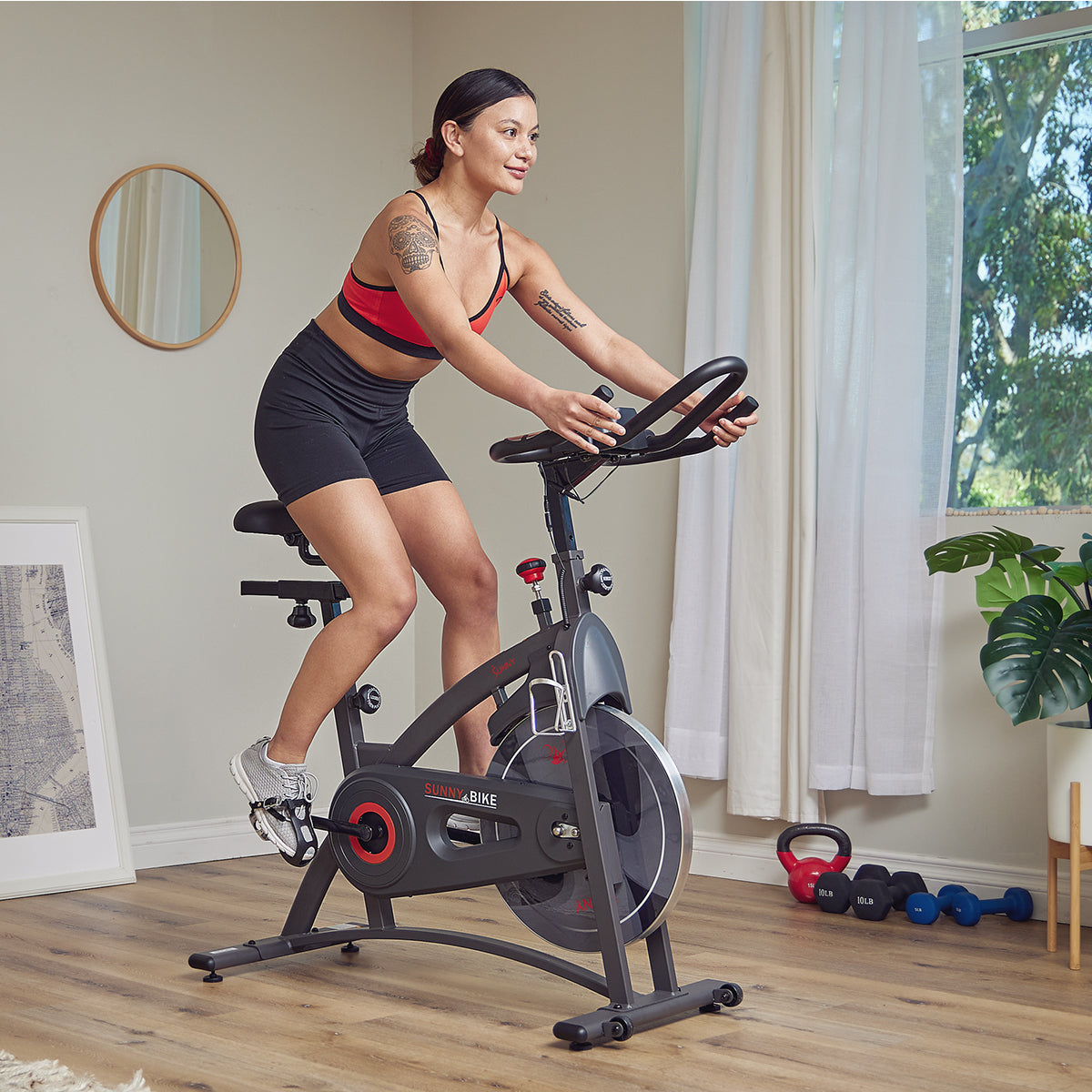 Premium Magnetic Resistance Smart Indoor Cycling Bike with Quiet Belt Drive and Exclusive SunnyFit® App Enhanced Bluetooth Connectivity